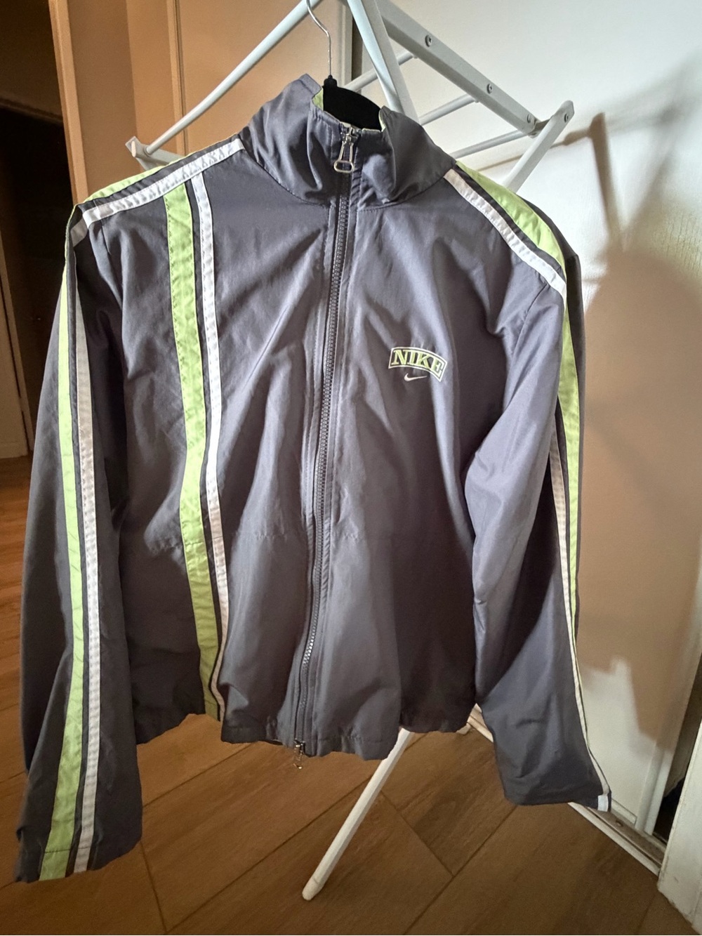 Nike Gray Windbreaker Jacket with Lime Stripe Accents